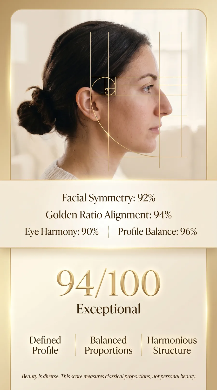 Facial harmony analysis with golden ratio overlay and scores