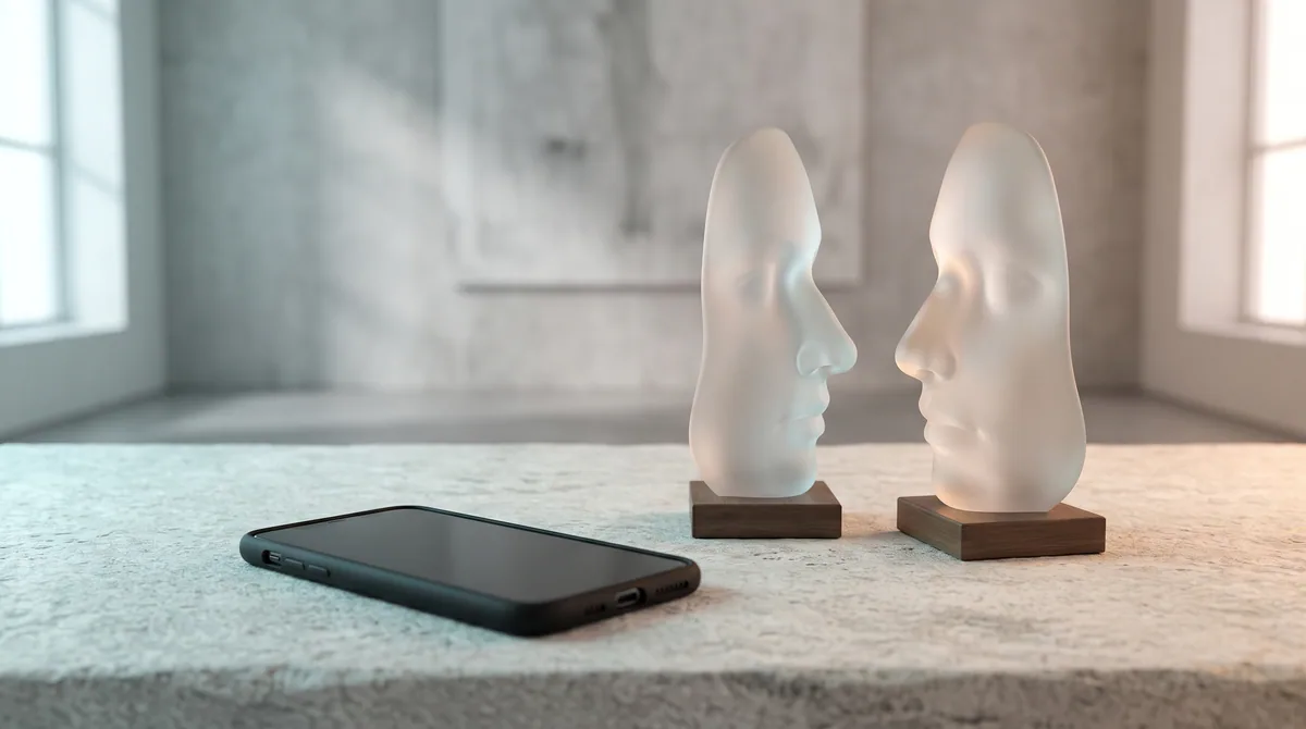 Conceptual AI visualization with facial profile sculptures