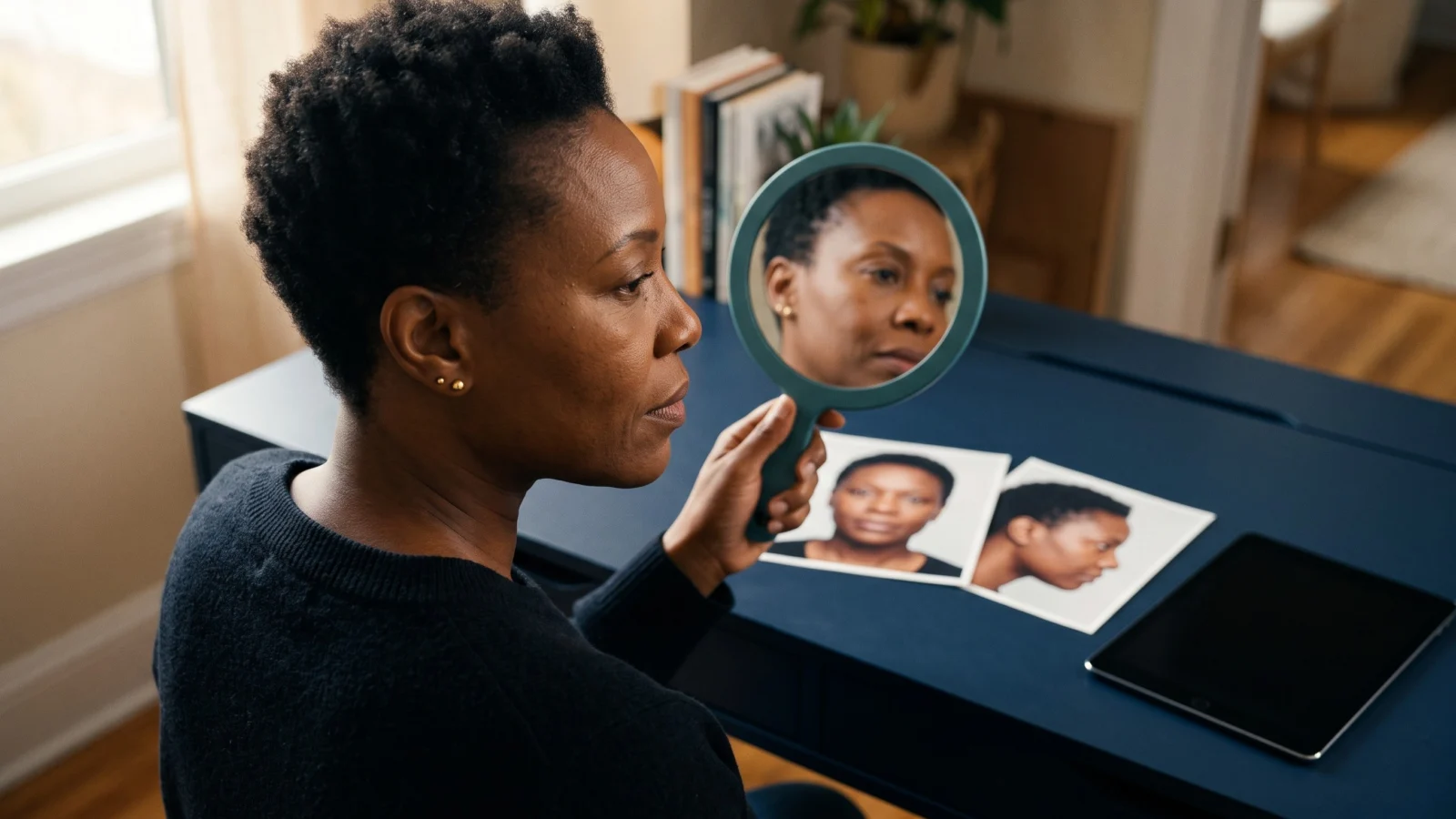 Woman checks her natural reflection beside facial reference photos and a tablet with its screen off