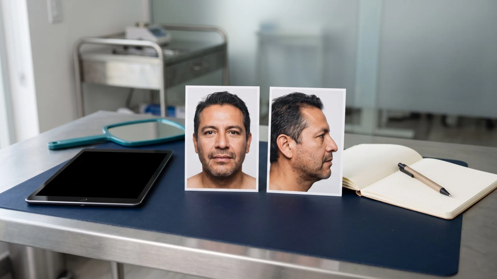 Consistent front and profile facial photographs beside a blank tablet, mirror, and consultation notebook