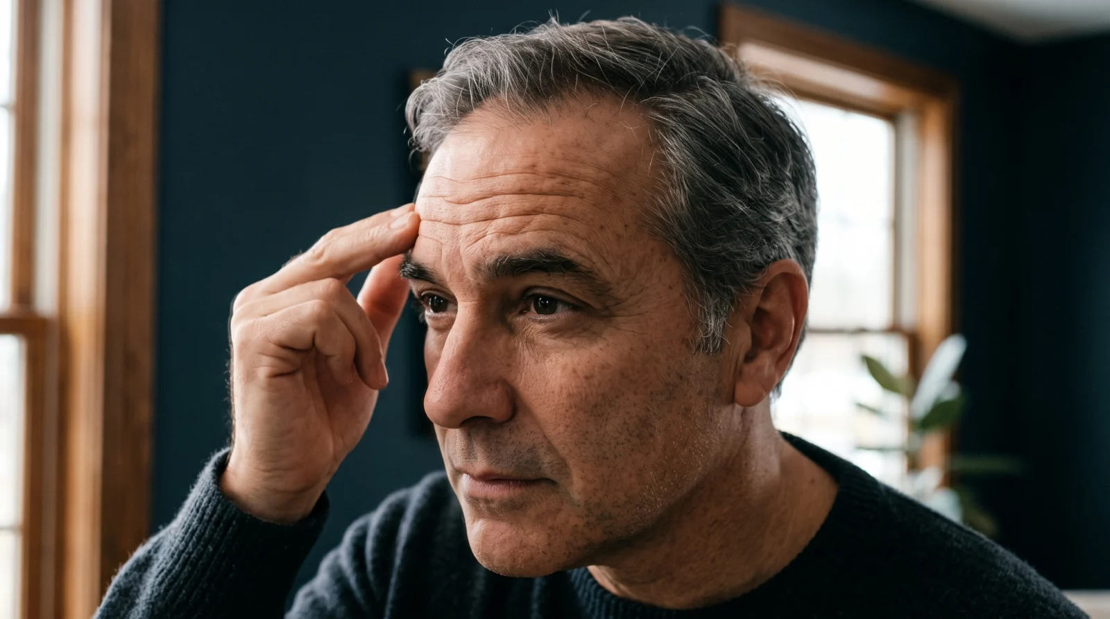 A mature man studying his forehead and brow area while considering a brow lift