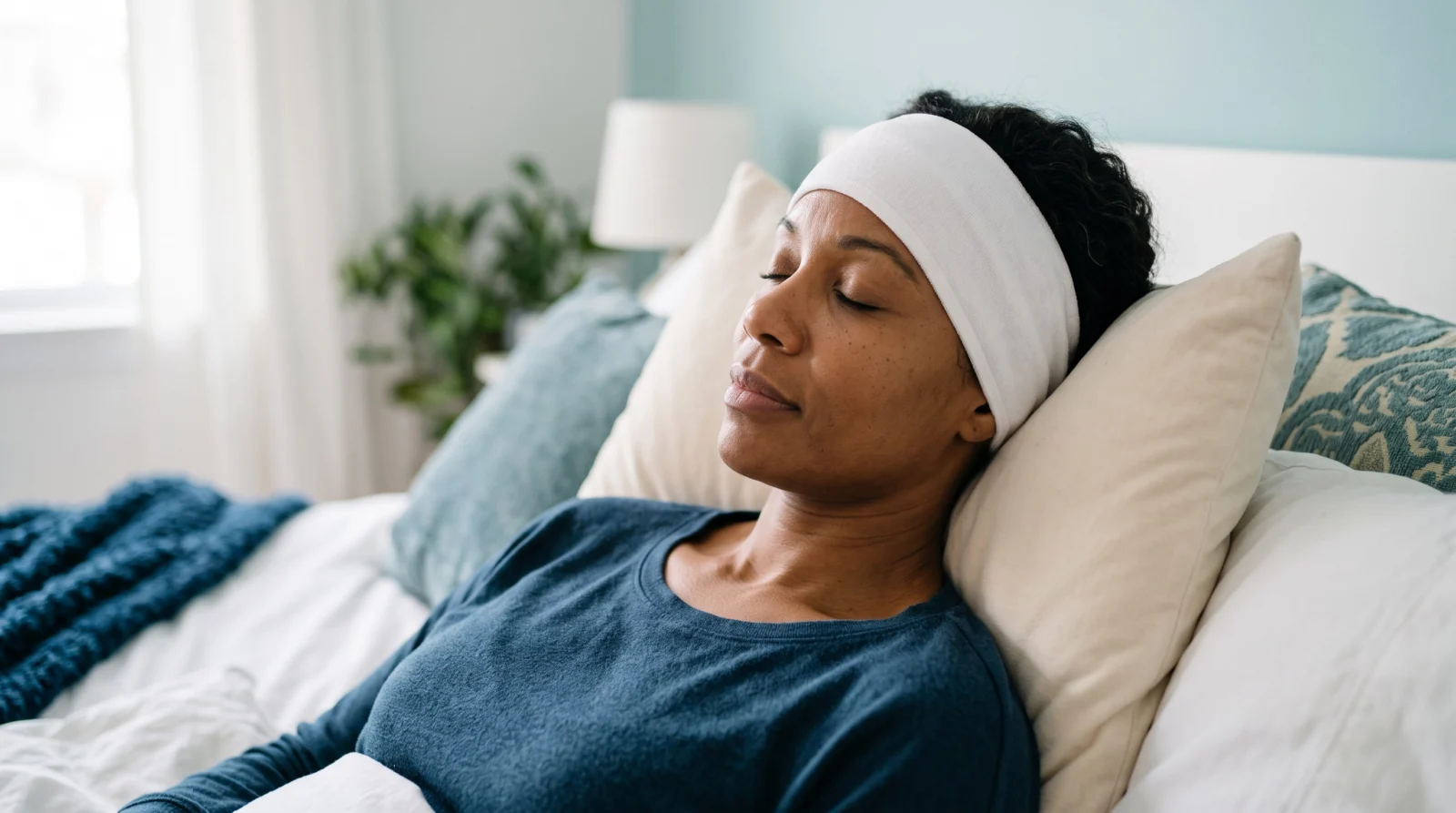 A woman resting at home with a soft white band across her forehead during early brow lift recovery