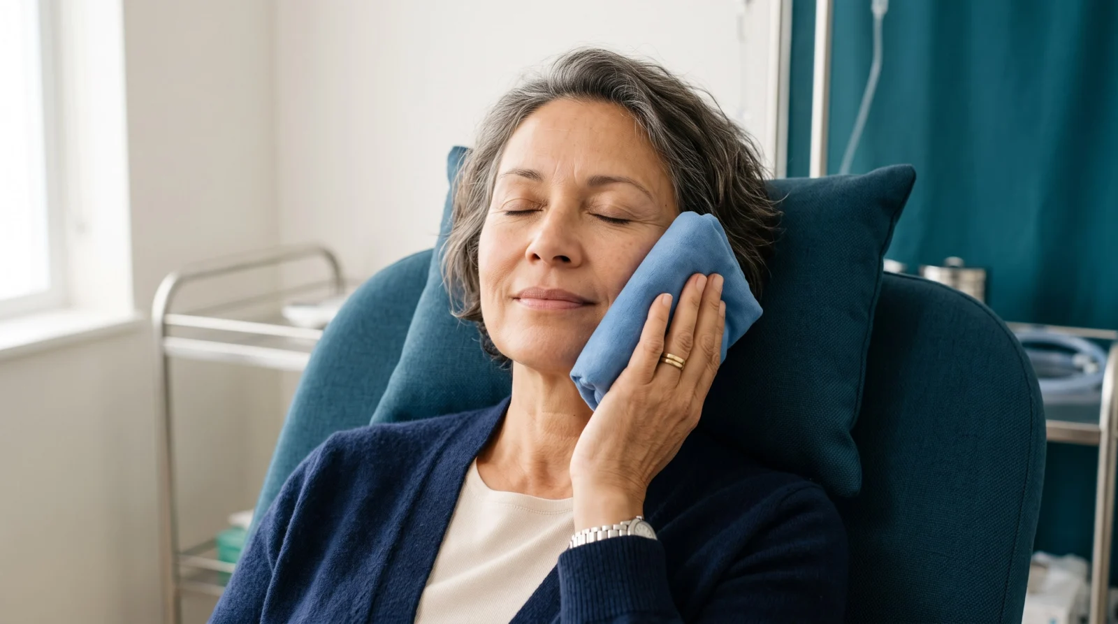 Person resting with a soft cool compress held gently against the cheek during early recovery
