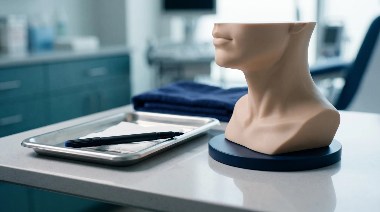 Clinical consultation surface with surgical skin marker beside a jawline reference