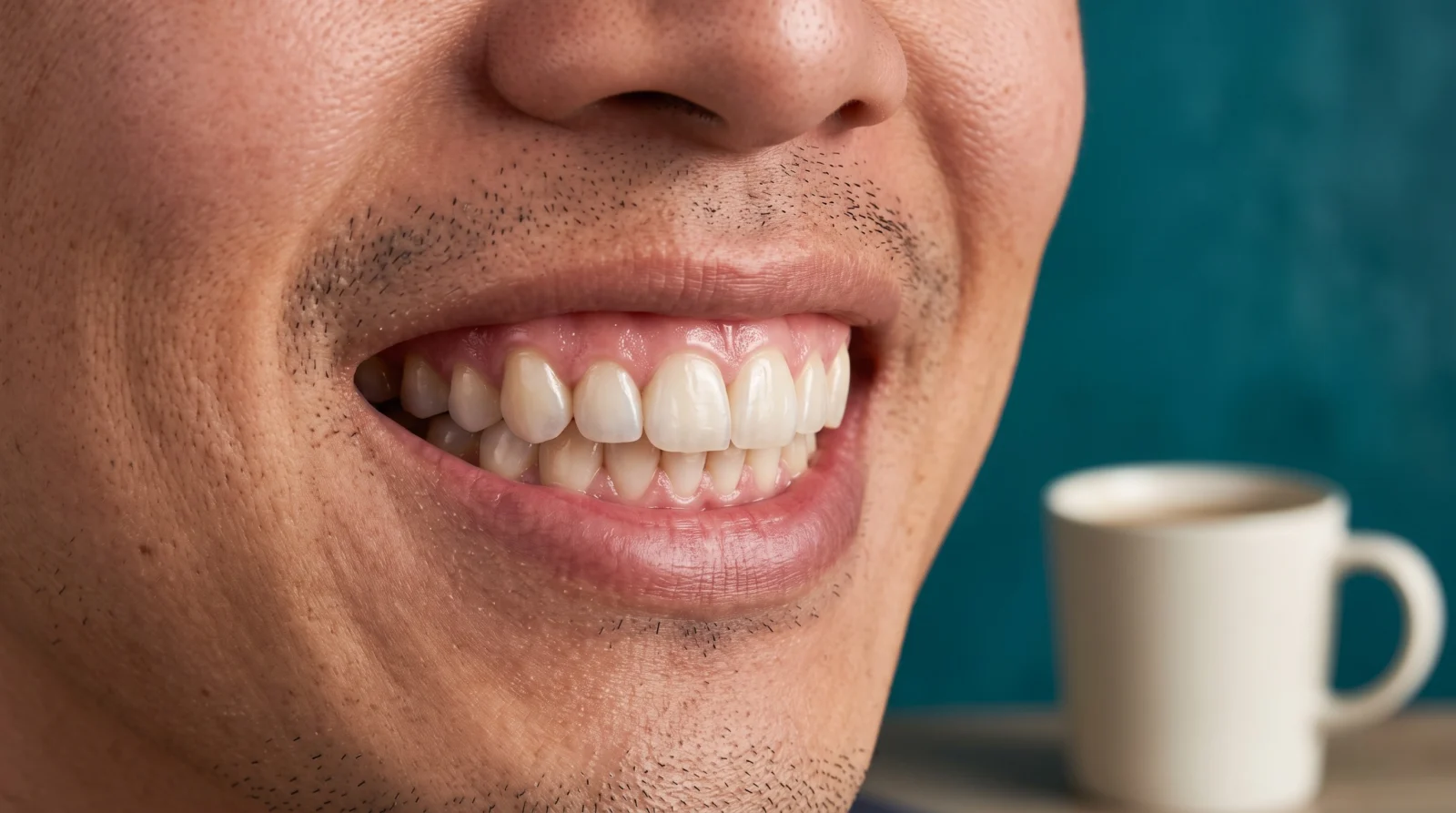 Close-up of an adult man smiling beside a plain white mug, showing smooth bright dental veneers