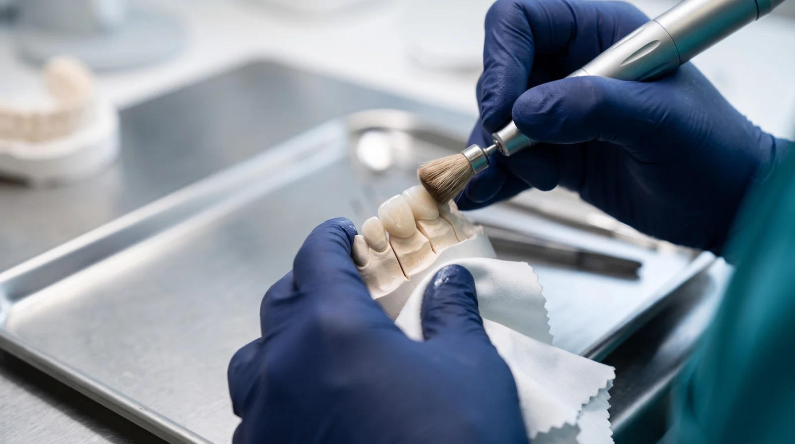 Gloved dental professional polishing ceramic veneer shells on a plain tooth model