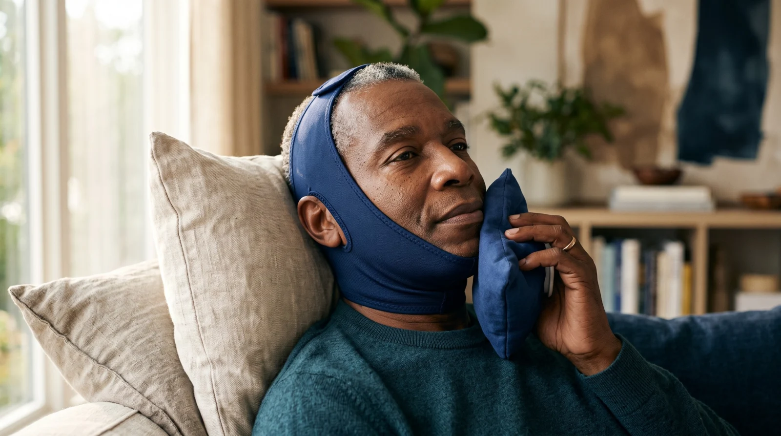 A man resting upright with a jaw-support wrap and cool pack during early facelift recovery