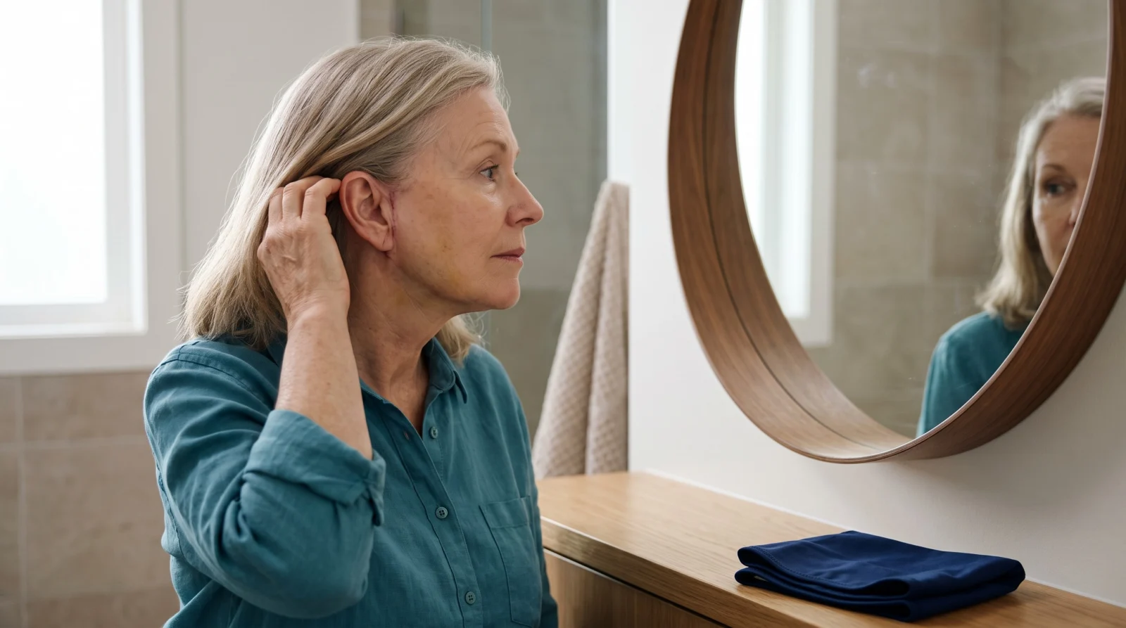 A woman checking the healing area near her ear and jaw in a mirror during later facelift recovery