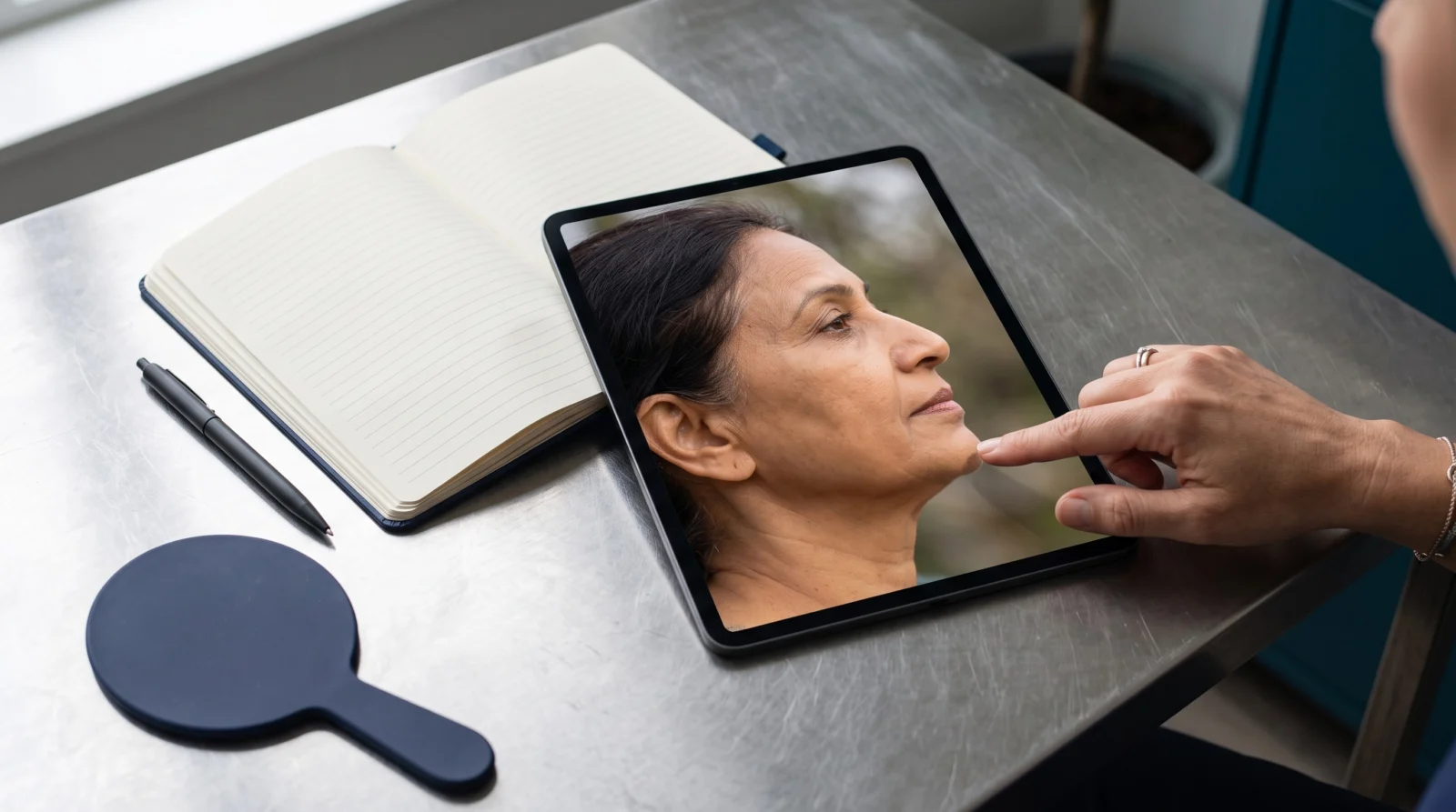 Tablet with a full side-profile photo beside a blank notebook and hand mirror