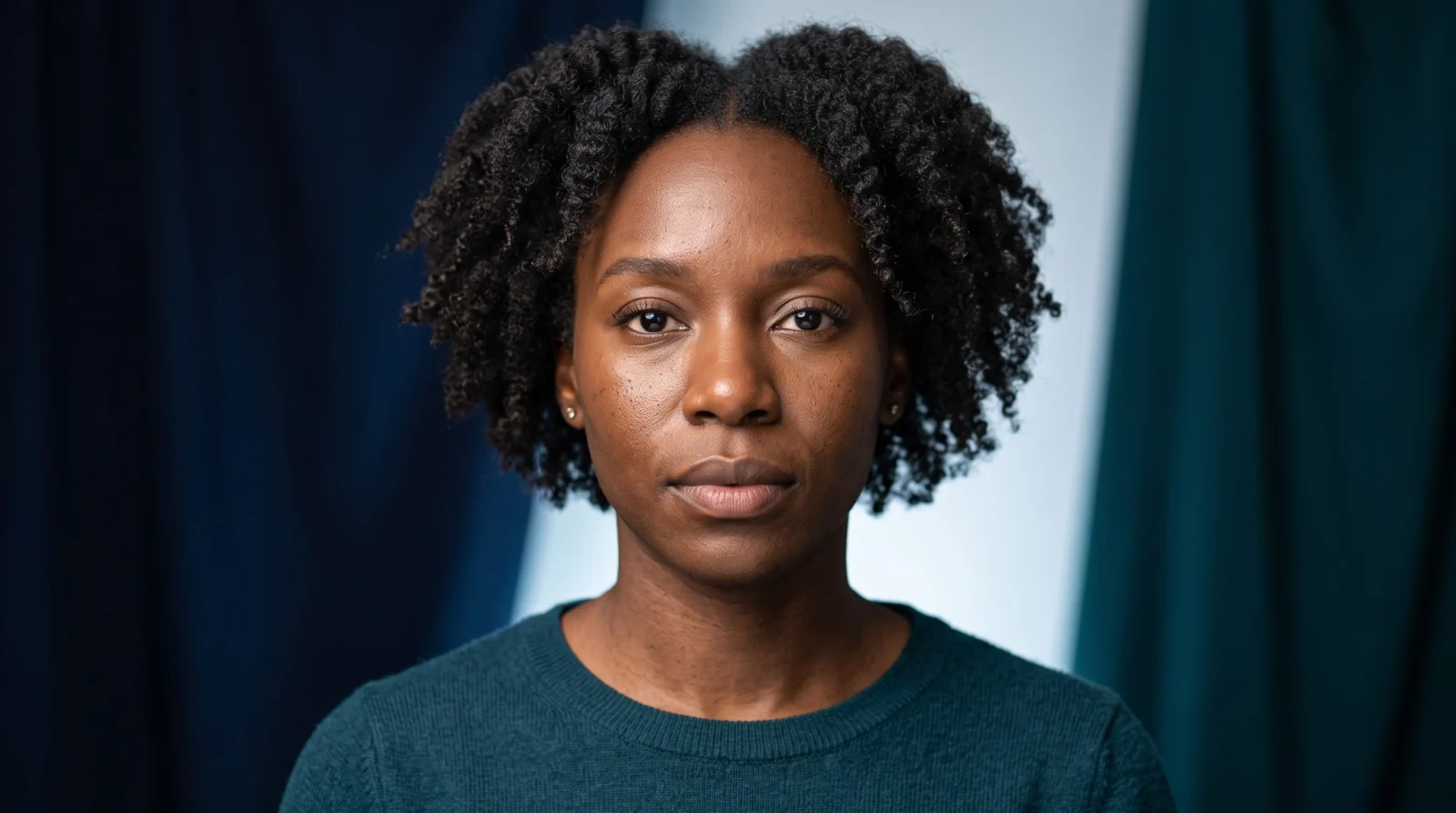 Soft symmetrical studio portrait of a person with a calm neutral expression