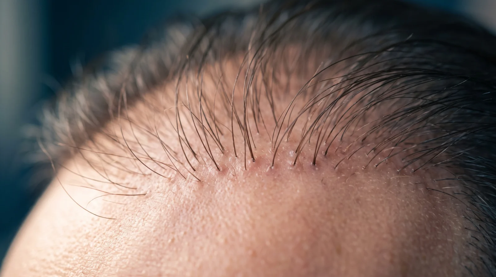 Close-up of a healthy adult man's frontal hairline and temple in three-quarter view