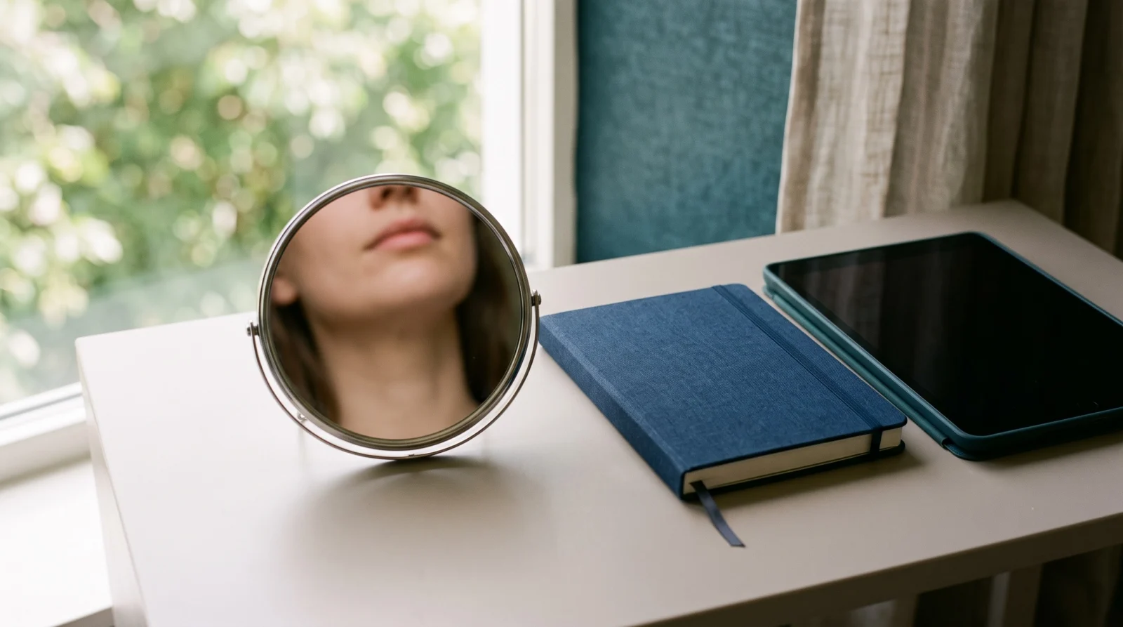 A hand mirror on a bright table reflecting a person's lower face, beside a notebook and a tablet, ready for consultation notes