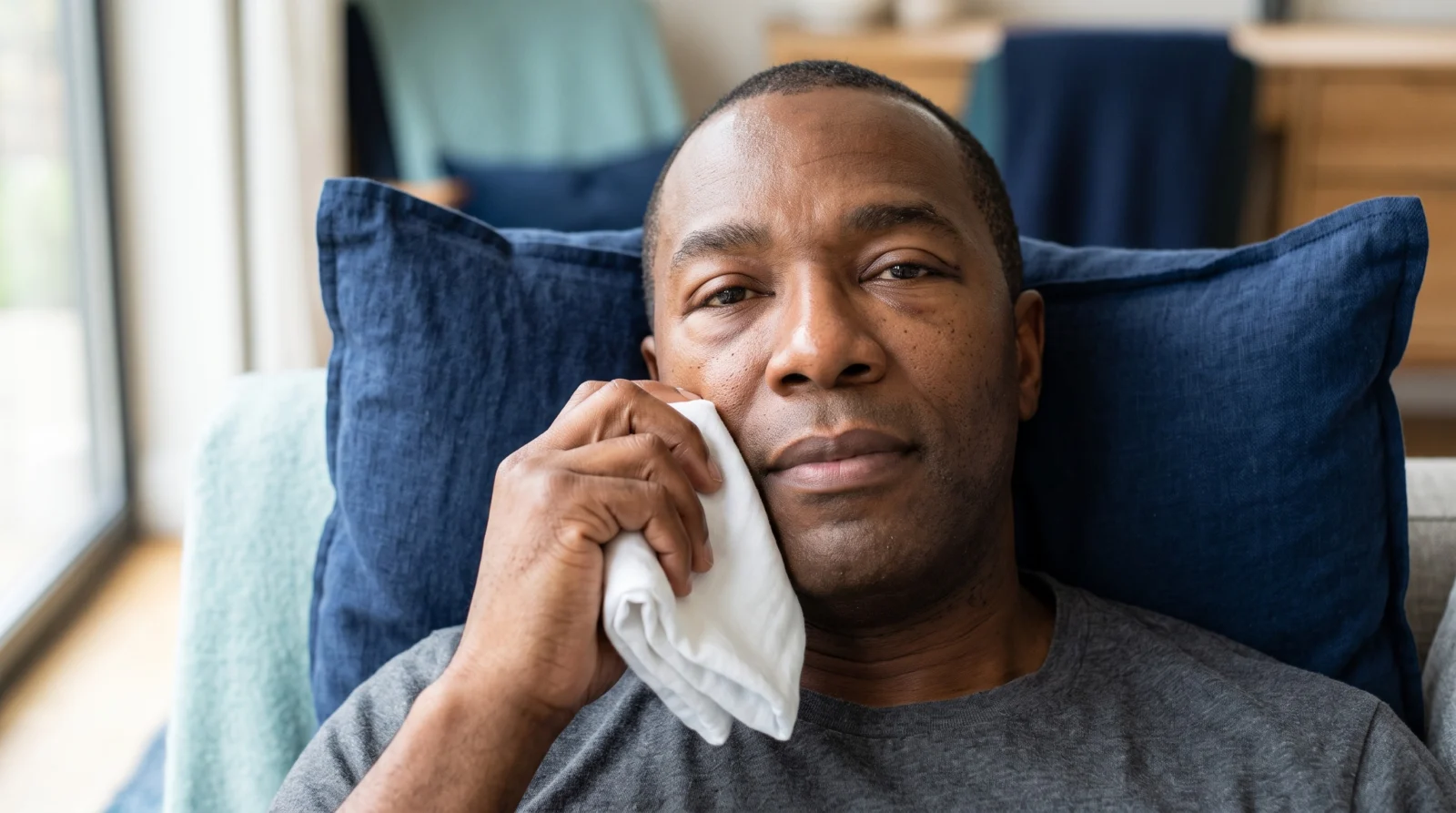 Woman resting with a cool compress near mildly swollen lower eyelids