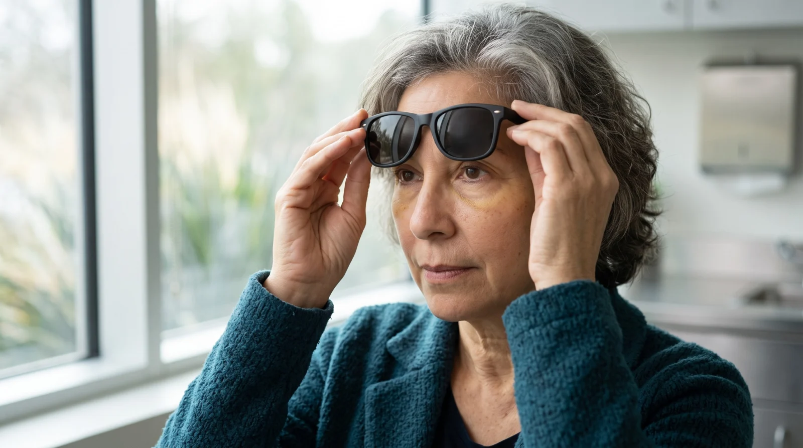 Woman using plain sunglasses while faint lower-eyelid discoloration fades
