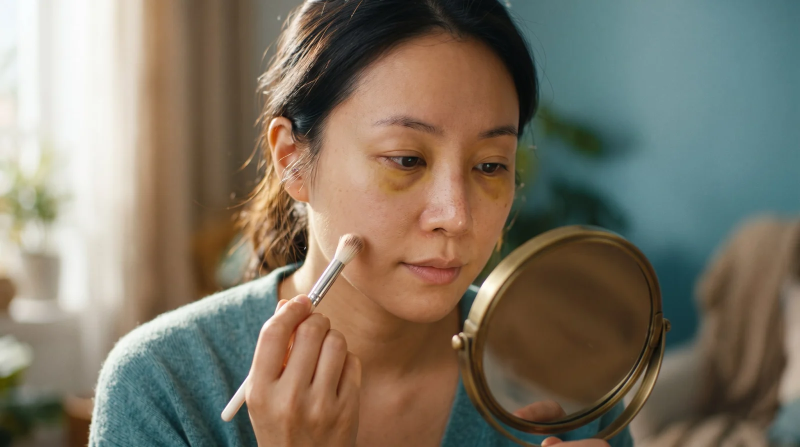Woman with a nasal splint holding a makeup brush away from her face during rhinoplasty recovery