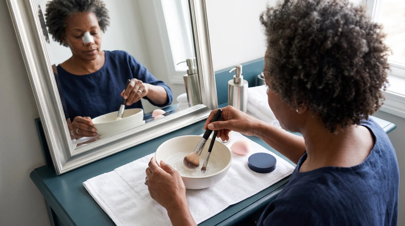Woman with a nasal splint washing makeup brushes at a teal vanity during recovery