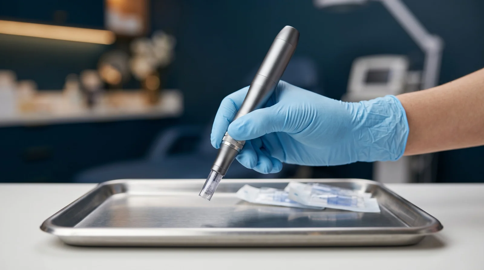 Blue-gloved clinician holding a sterile microneedling pen device above a brushed steel tray with sealed cartridges