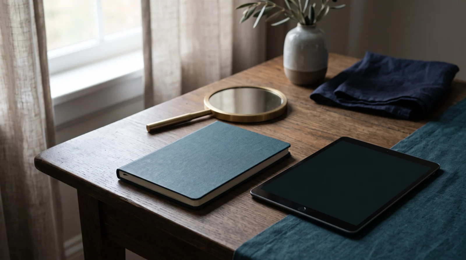 Consultation preparation desk with a notebook, hand mirror, and a tablet with a dark screen on a calm navy surface