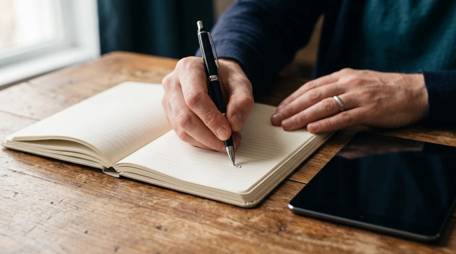 Close-up of hands writing a numbered question list in a notebook beside a tablet, warm daylight over a navy desk