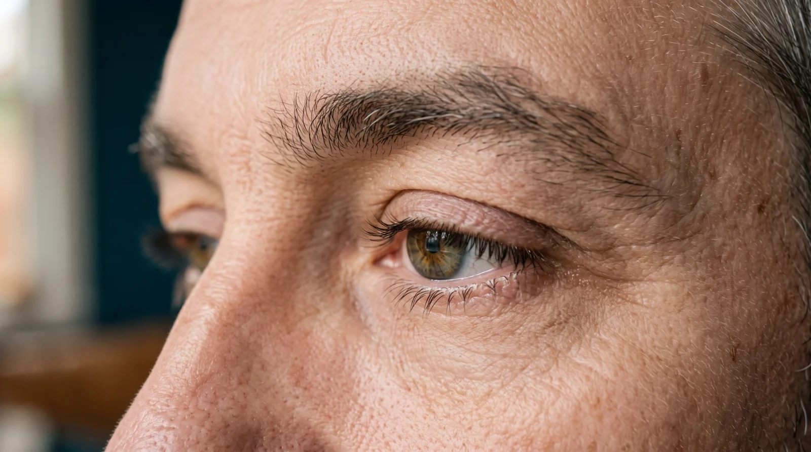 Close-up of a mature person's hooded upper eyelid in soft daylight