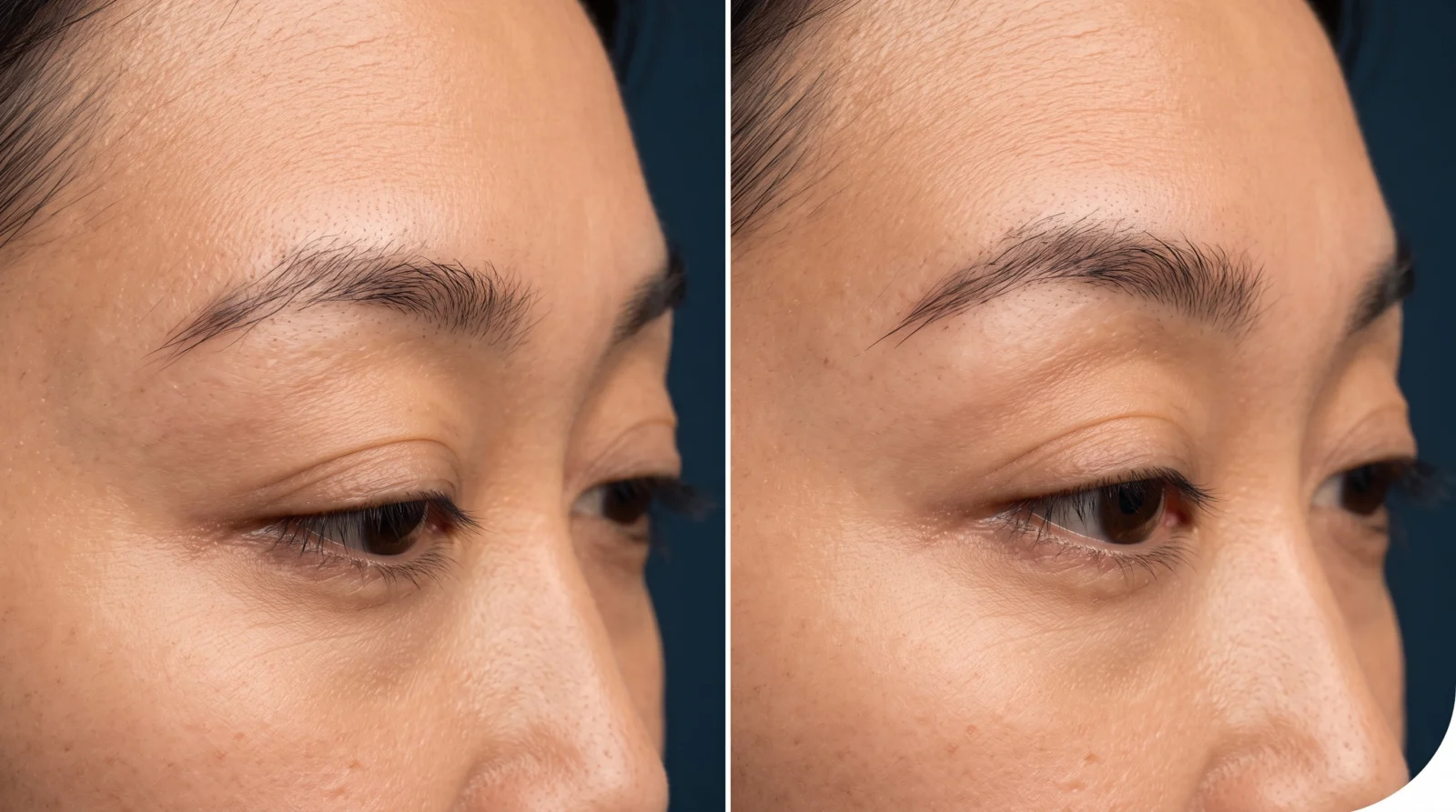 Two side-by-side close-ups of the same brow and upper-eyelid area, relaxed versus gently raised