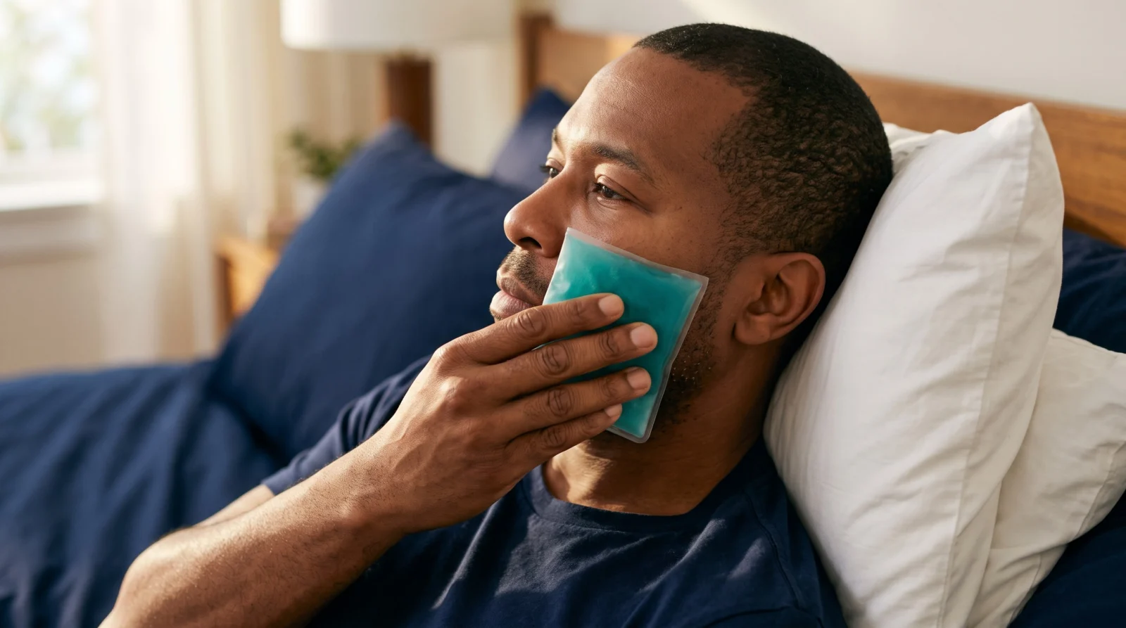 A man rests upright while holding a teal gel cold pack directly over his upper cheekbone