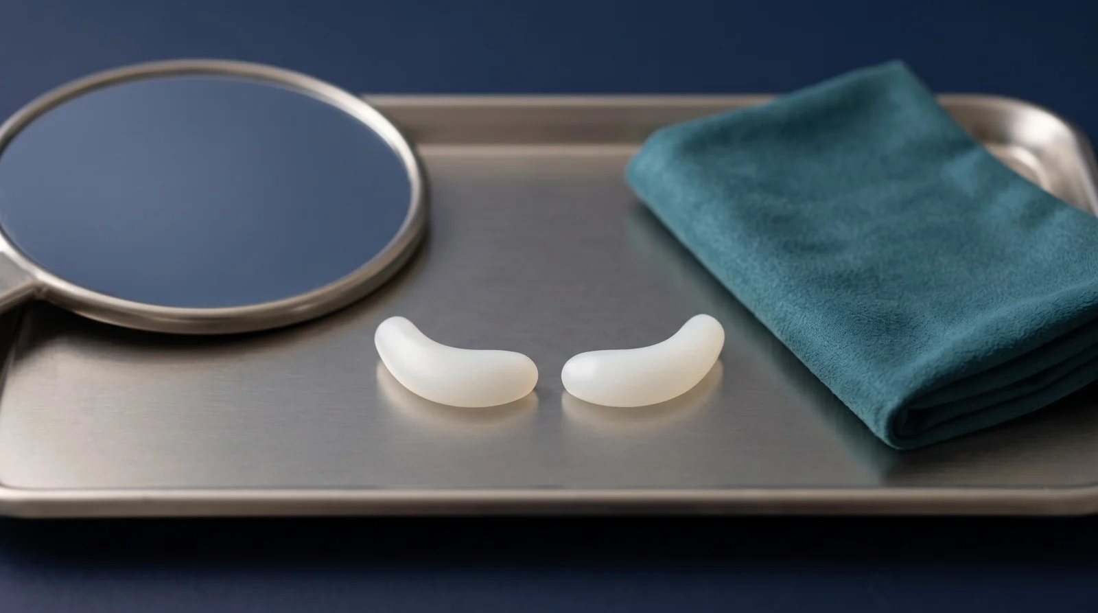 A matching pair of curved white malar cheek implants on a clinical steel tray beside a mirror and teal cloth