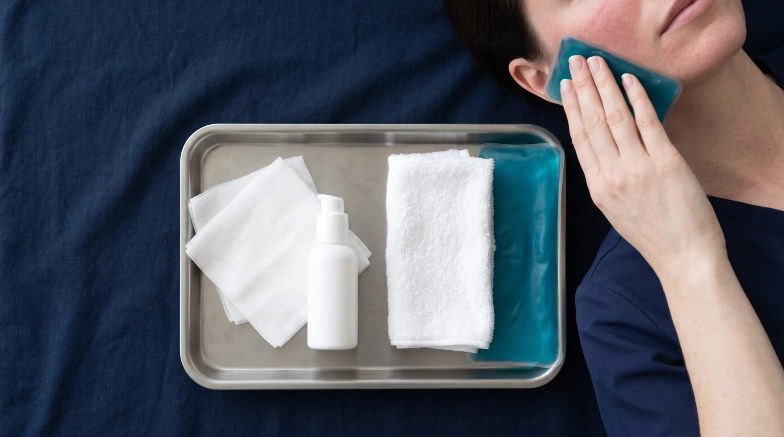 Facial laser recovery kit with gauze, plain moisturizer, a washcloth, and cooling packs