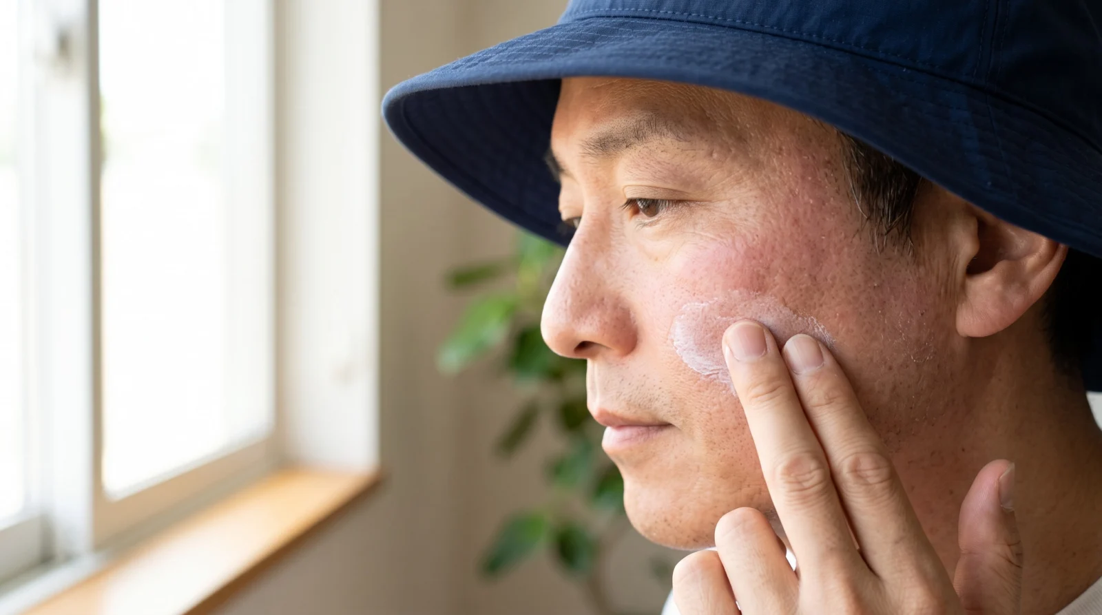 Man in a wide-brim hat applying sunscreen to mildly pink skin during laser recovery
