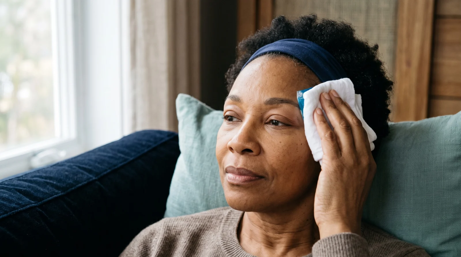 Woman resting with a wrapped cool pack at her temple after a brow procedure