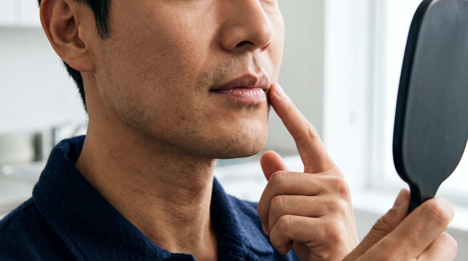 East Asian man considering his upper lip shape in a hand mirror